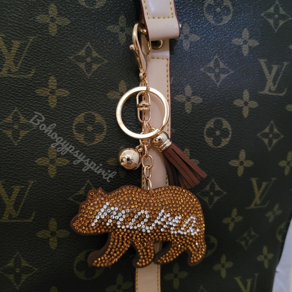 Bling Mama Bear Crystal Rhinestone Keychain Bag Charm With Tan Tassel